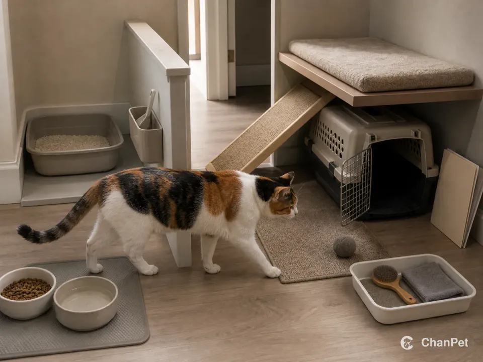 A calico cat following a fixed route past food, water, play, grooming, an open carrier, a low resting ramp, and a separate litter area