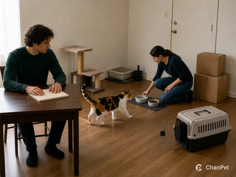 A student stays at a blank desk while a backup caregiver refreshes water for a calico cat beside litter, a perch, moving boxes and an open carrier