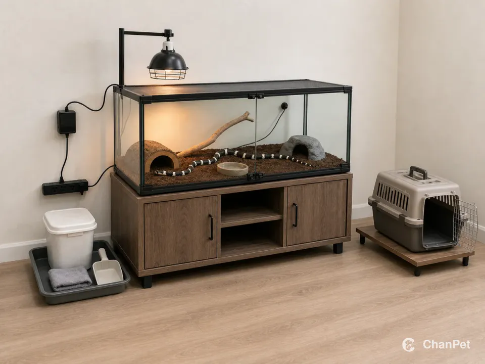 A black-and-cream California kingsnake remains inside a double-latched enclosure with warm and cool hides, thermostat, cleanup tray and complete transport carrier arranged around it.