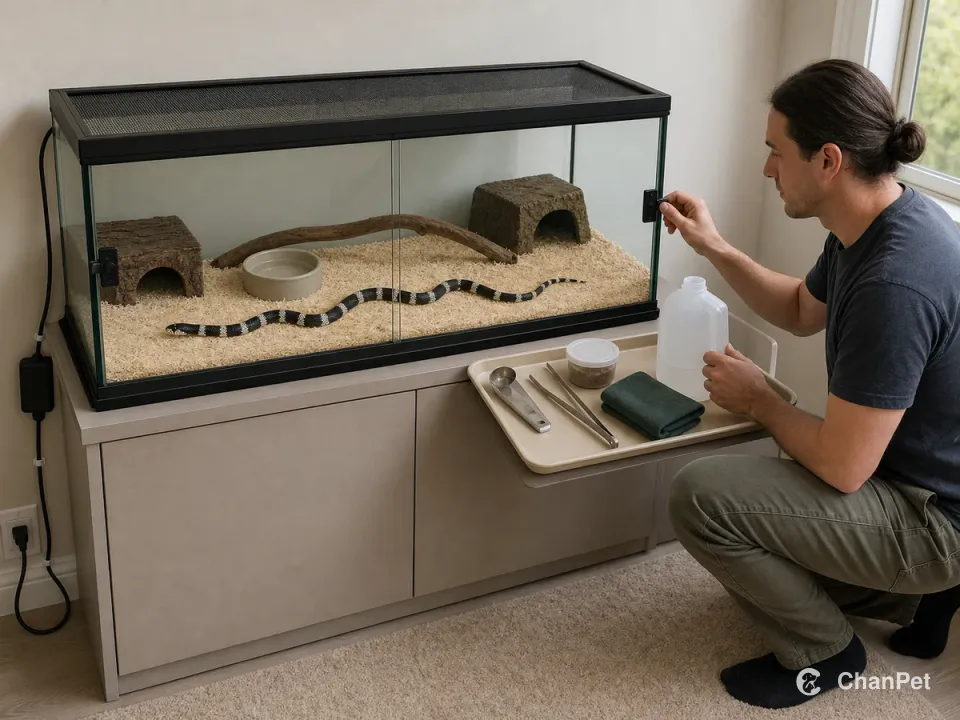 A black-and-ivory banded California kingsnake follows a clear path inside a closed double-latched enclosure while an adult checks the latch beside a water and cleanup tray