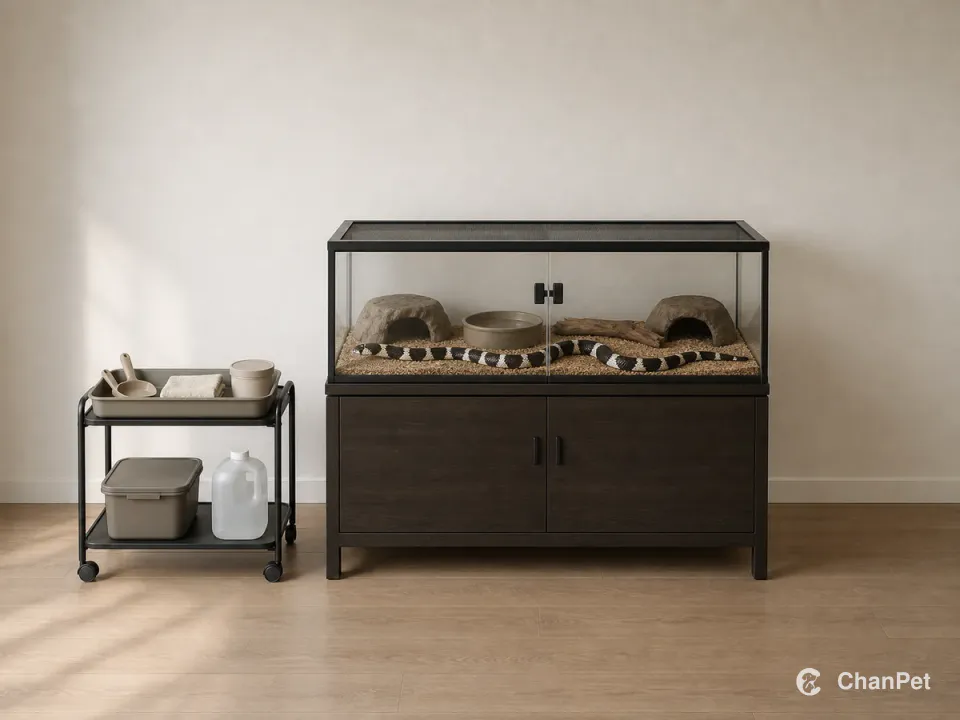 A closed California kingsnake enclosure beside separate clean-water, waste, and washable-tool zones