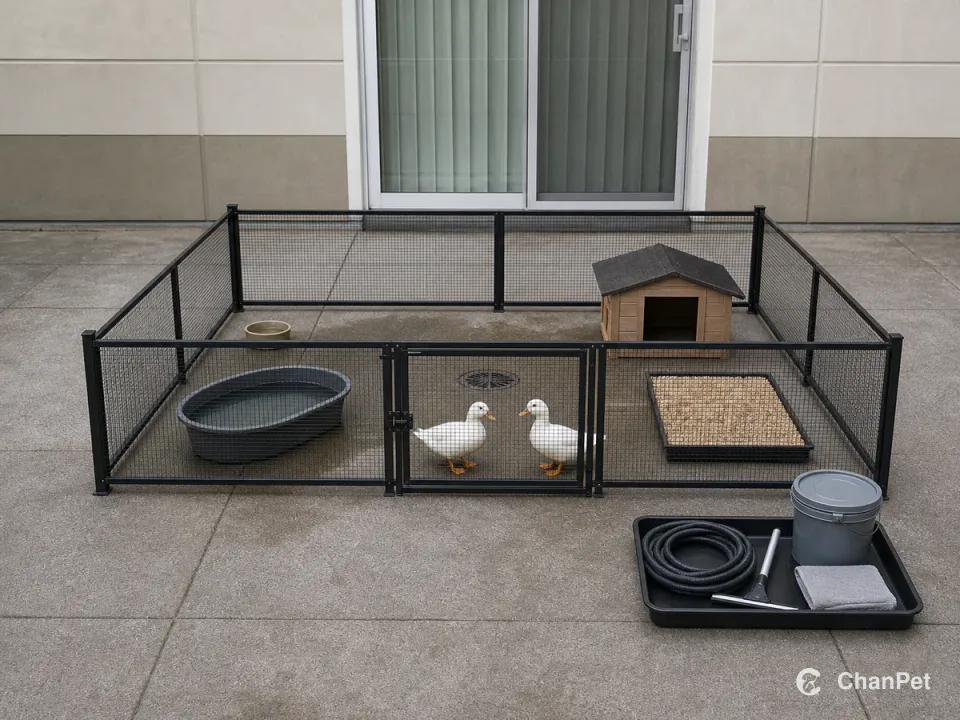 Two adult Call ducks stand inside a complete closed outdoor pen with bathing water, a drain, night shelter, dry bedding, and cleaning tools outside