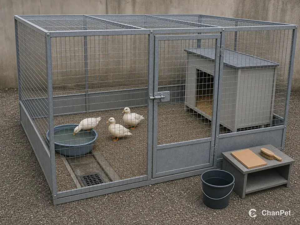 Three Call ducks use a secure mesh run where a clean water basin and drain are separated from a dry bedded shelter.