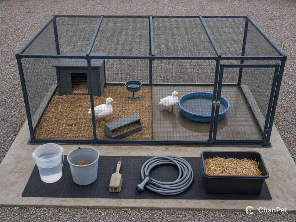 Two adult Call ducks stand inside a complete roofed run with separate dry bedding, drinking and bathing areas beside an outside water and cleaning station