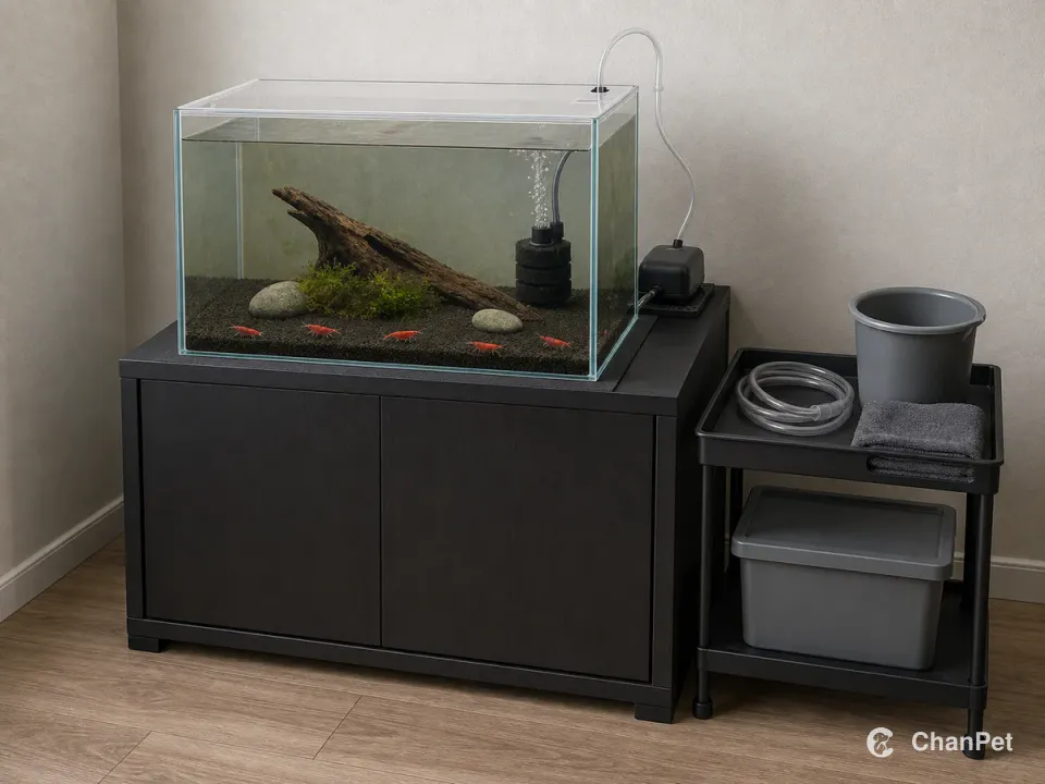 Five cherry shrimp remain separate in a covered mature tank beside quiet filtration and a complete water-change station