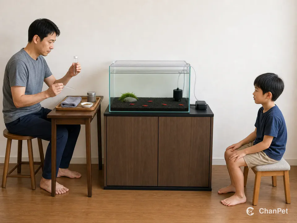 An adult checks a water sample and prepares measured food outside a closed shrimp tank while a child observes from a separate seat