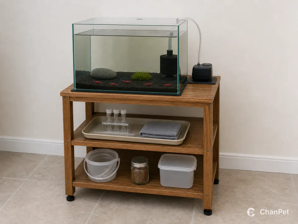 Five cherry shrimp remain separate in a simple mature tank above testing, water-change, food, and backup essentials