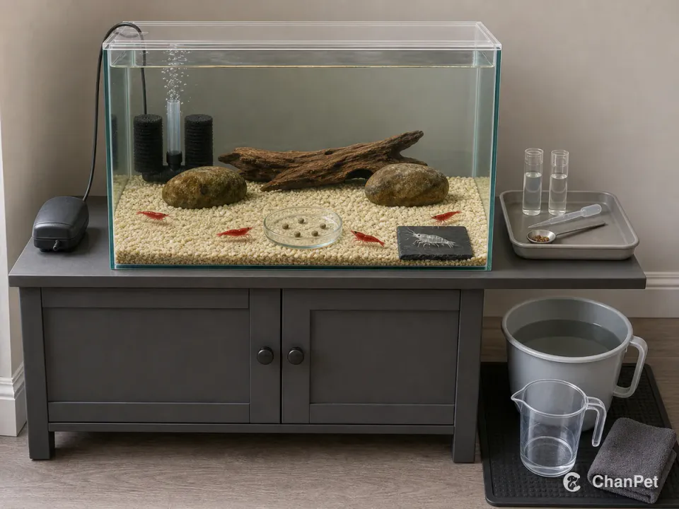 Four cherry shrimp forage separately in a covered tank beside a clear molt and measured feed, with one airline connecting the pump and sponge filter.