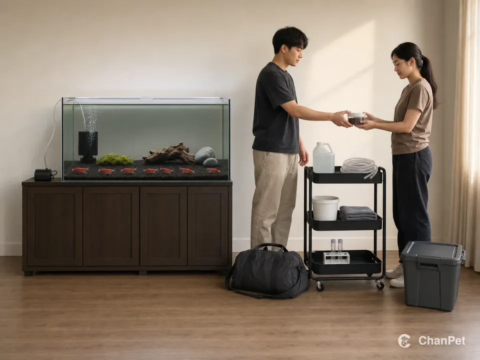 A mature cherry shrimp tank keeps running while a student and backup carer hand over food, siphon hose, water samples, and a moving bin