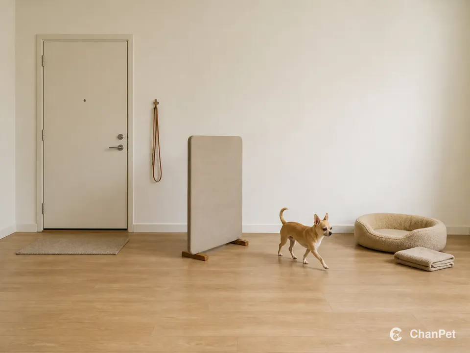 A Chihuahua follows a clear route from the closed apartment door to a warm bed, with the leash, entry mat and low divider kept separate.