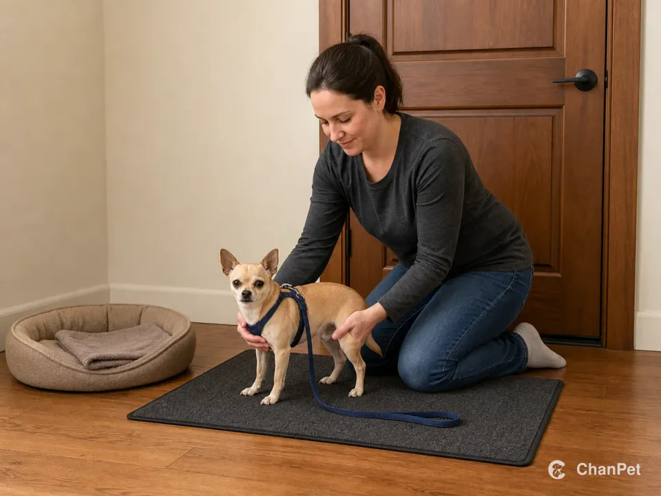 A Chihuahua stands on an entry mat while its caregiver rehearses chest and hindquarter support beside a slack leash and warm bed.