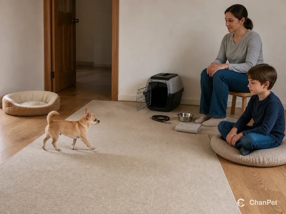 A child waits with hands on their knees while an adult supervises and a Chihuahua chooses to walk from its warm bed toward the open family space