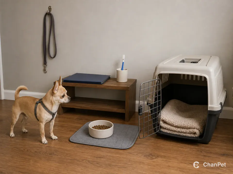 A harnessed Chihuahua stands beside an open carrier with a warm blanket, measured food, a toothbrush, a plain records folder and a leash.