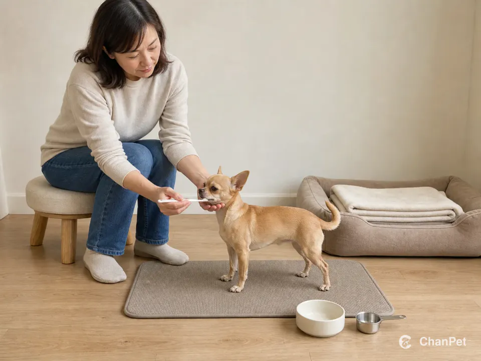 A caregiver brushes a Chihuahua's teeth on a care mat beside a measured food bowl, scoop and warm bed with folded blankets.
