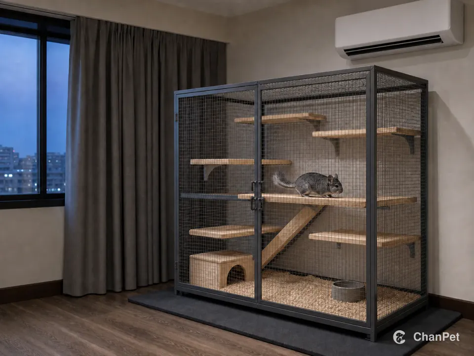An adult gray chinchilla moves along a middle solid-wood platform inside a large closed metal enclosure with a complete mesh roof, latched double doors, a supported ramp and staggered shelves. The enclosure stands on a damping mat beside a shaded apartment wall, with heavy curtains and a plain wall-mounted cooling unit visible.