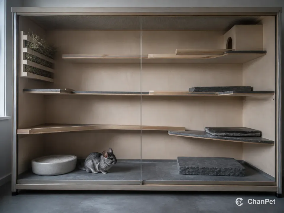 A chinchilla uses a roomy, multi-level enclosed habitat with hay and a dust-bath area.