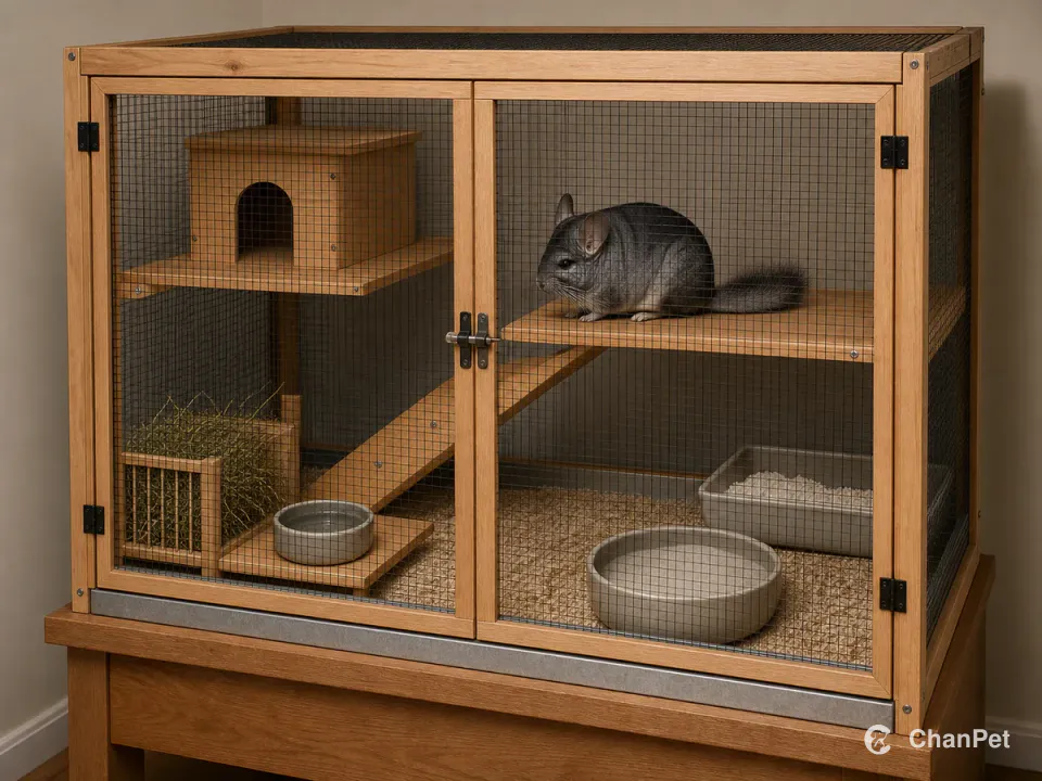 A gray chinchilla rests on a platform inside a closed mesh enclosure with separate hay, water, dust-bath, and spot-cleaning zones below.