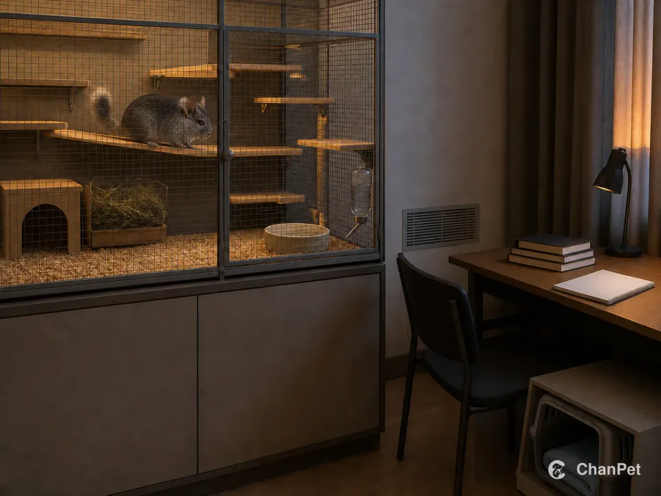 A chinchilla moves along a platform in a closed enclosure beside an orderly study desk and stored transport carrier