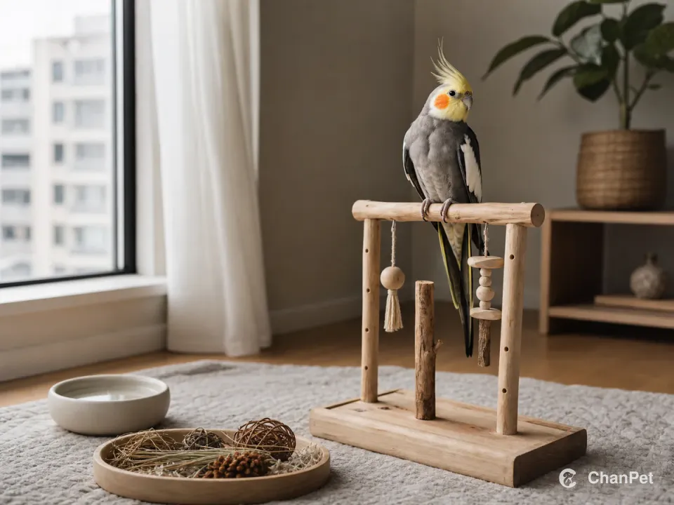 A grey, yellow-faced cockatiel on a wooden apartment play stand beside water and a foraging tray