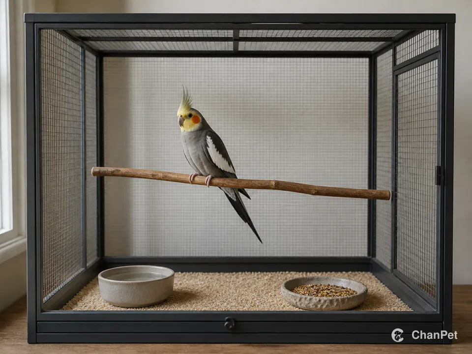 A cockatiel rests on a natural wood perch inside a spacious bird cage with a closed door.