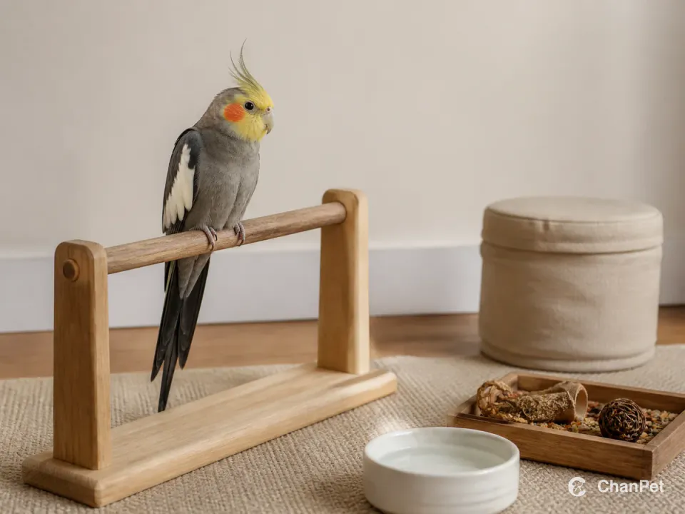 A cockatiel on a wooden perch beside a water bowl and a foraging tray