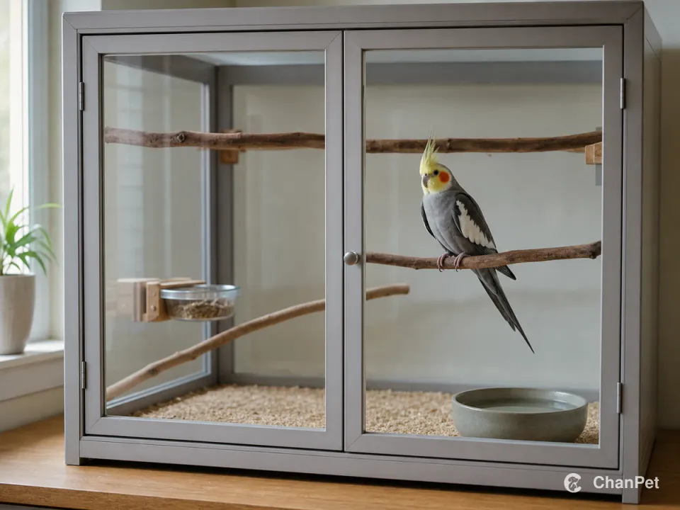 A cockatiel perched inside a closed glass-front enclosure with food and water dishes
