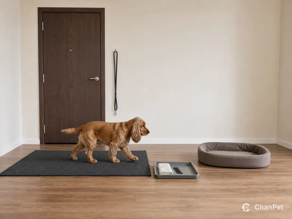 An English Cocker Spaniel crosses a washable mat from a closed apartment door toward its bed, with the leash, towel and comb kept at the entry.
