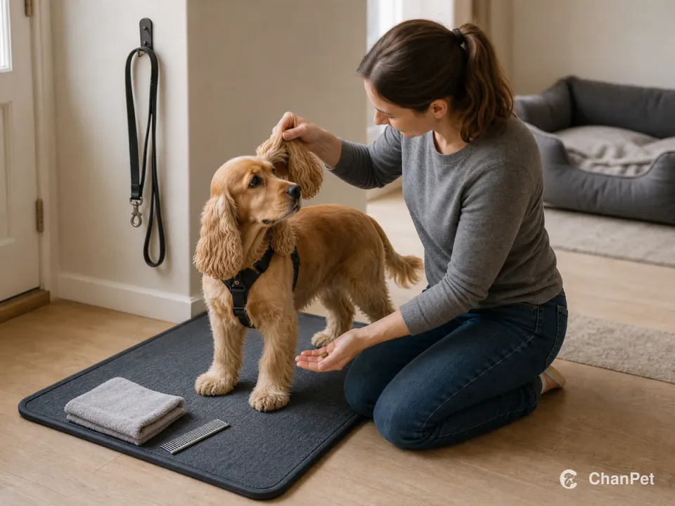 主人在防滑垫上轻轻查看可卡犬的外耳，毛巾和梳子放在旁边，牵引挂回门边