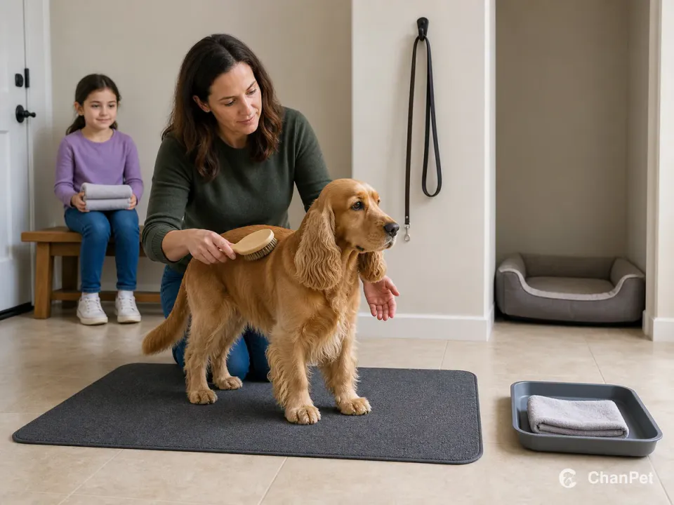 An adult brushes the Cocker Spaniel while a child waits behind with a towel and the route to the dog's bed stays clear