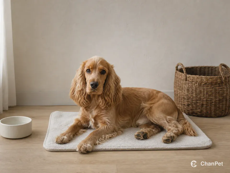 一只金色可卡犬安静趴在可清洗垫子上，旁边放着无标识水碗和收纳篮