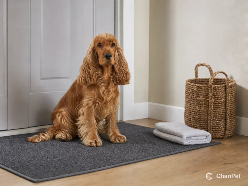 A golden-red English Cocker Spaniel sits calmly on a washable entry mat beside a folded towel and woven basket.