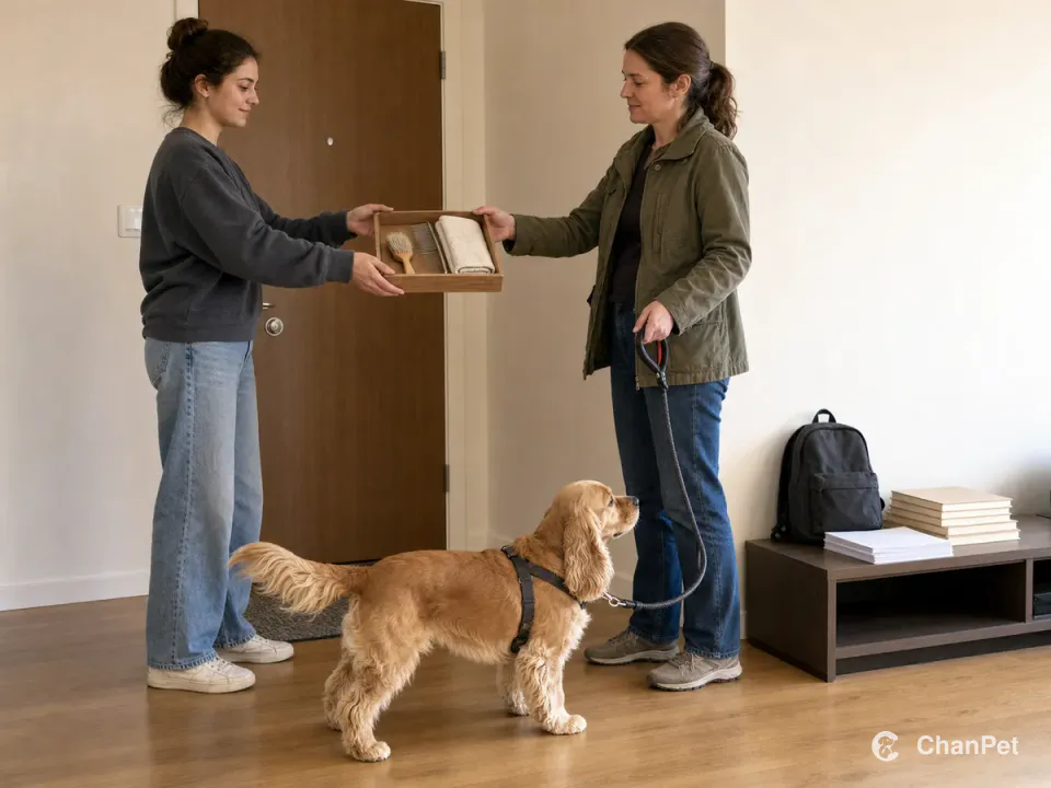 A student hands grooming supplies to a backup caregiver while an adult Cocker Spaniel waits on its leash for a scheduled outing.
