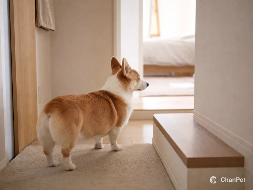 A red-and-white Pembroke Welsh Corgi standing beside a clear apartment hallway and low step