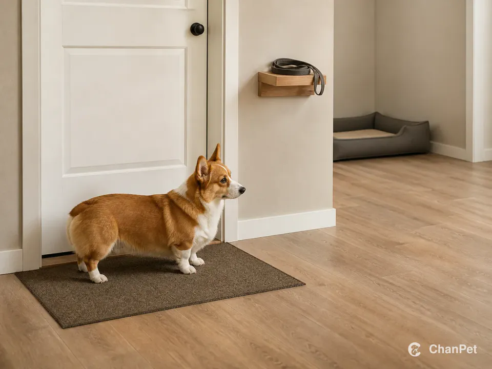A Pembroke Welsh Corgi stands on a wait mat inside a closed door, with a short lead stored on the wall, a fixed resting bed and a clear indoor route.