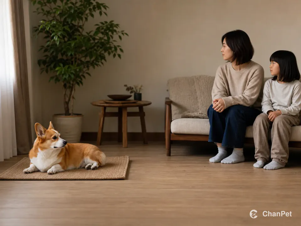 A Pembroke Welsh Corgi rests on its own mat while an adult and child sit apart on a sofa.