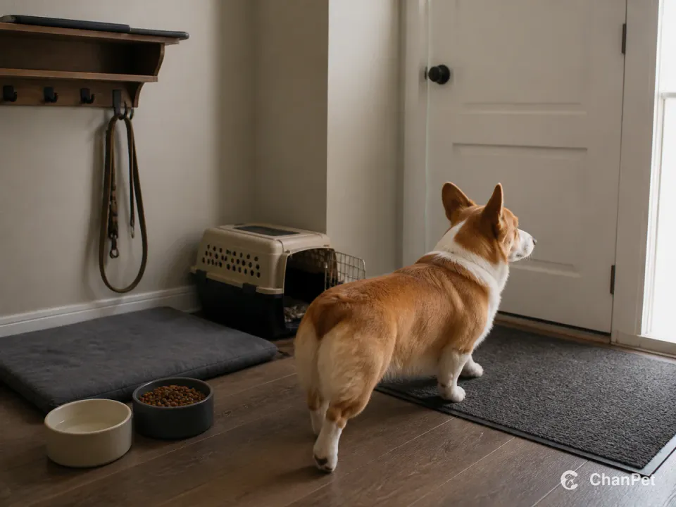 An adult Pembroke Welsh Corgi naturally walking toward the door through an entryway care corner with a lead, sleeping mat, food and water, and an unbranded carrier nearby.