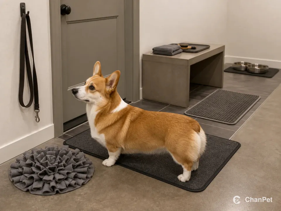 An adult Pembroke Welsh Corgi stands on an indoor waiting mat beside a plain leash, snuffle mat, towel and grooming station, with food and water further inside.