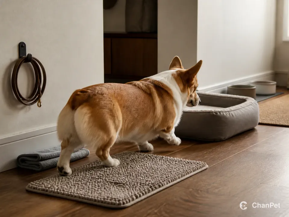 An adult Pembroke Welsh Corgi walking beside a paw-wipe mat toward a washable resting bed, with a folded cleaning towel, stored lead, and food-and-water area nearby.