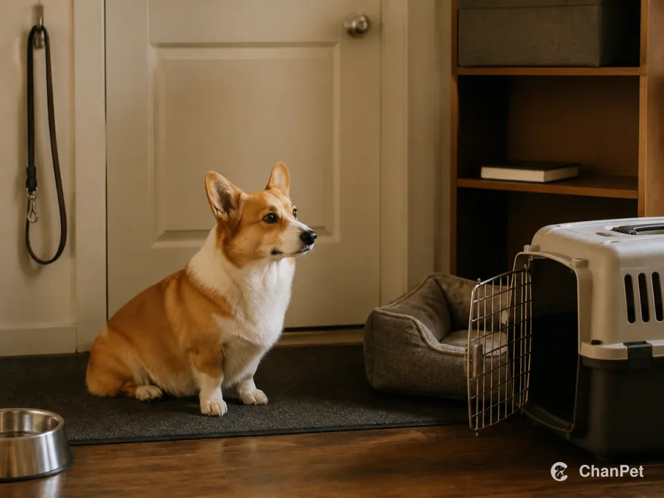 A Pembroke Welsh Corgi waits calmly on a mat before a door beside a stored lead, bed, water bowl, open plain carrier and blank notebook.