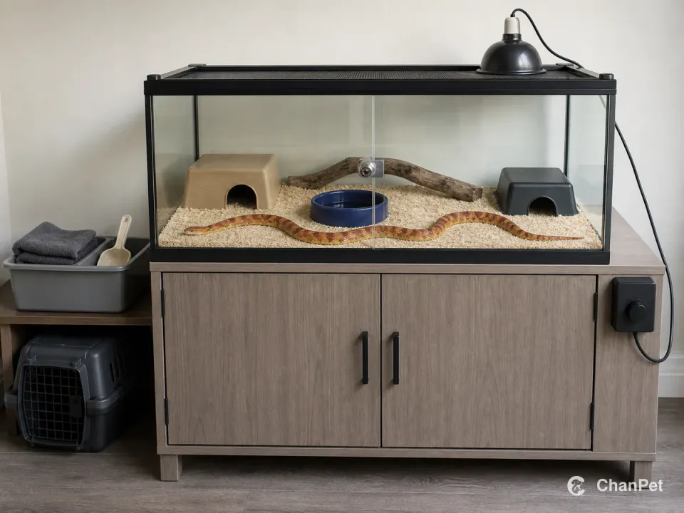 A corn snake rests inside a locked glass terrarium with warm and cool hides, water, heating equipment, cleaning supplies and a travel carrier