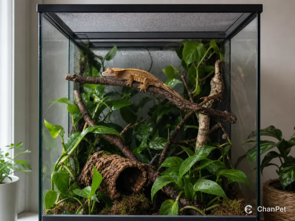 一只睫角守宫停在关闭的高型植物饲养箱枝条上,顶部网盖、攀爬枝和躲避植物清晰可见。