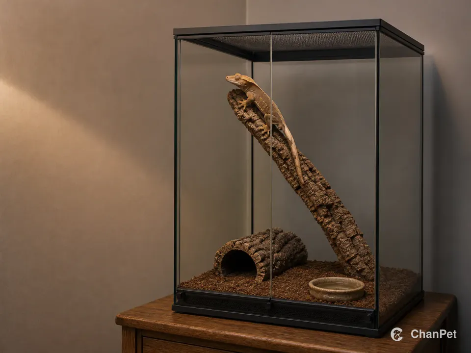 An adult crested gecko resting on a cork branch inside a closed tall enclosure with a hide and shallow water dish.