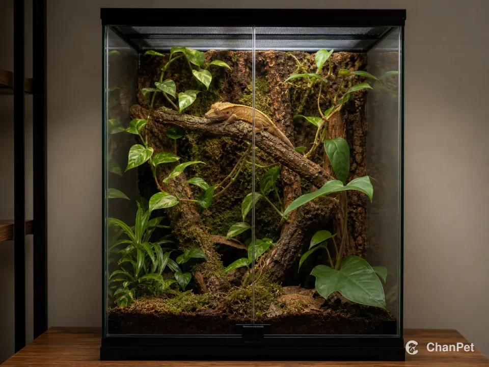 A crested gecko on a branch inside a closed glass terrarium with plants and climbing space
