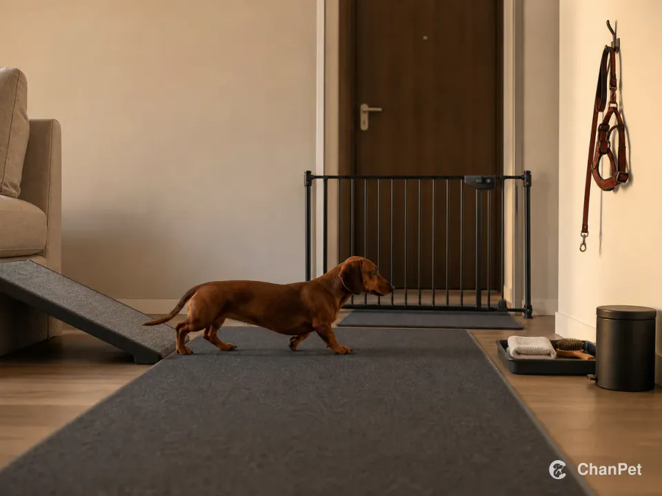 A Dachshund follows a continuous nonslip runner from a shallow ramp toward a closed entry gate while walking gear and cleanup tools stay to one side