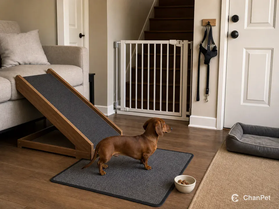 A Dachshund stands on a doorway training mat beside a sofa ramp and a closed stair gate