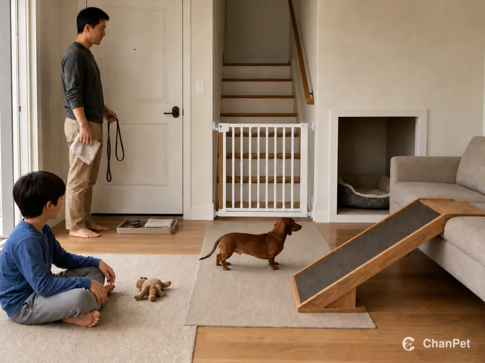 An adult holds a lead and paw towel by the door while a child waits at floor level and a Dachshund has a stair gate, low ramp, and open resting alcove