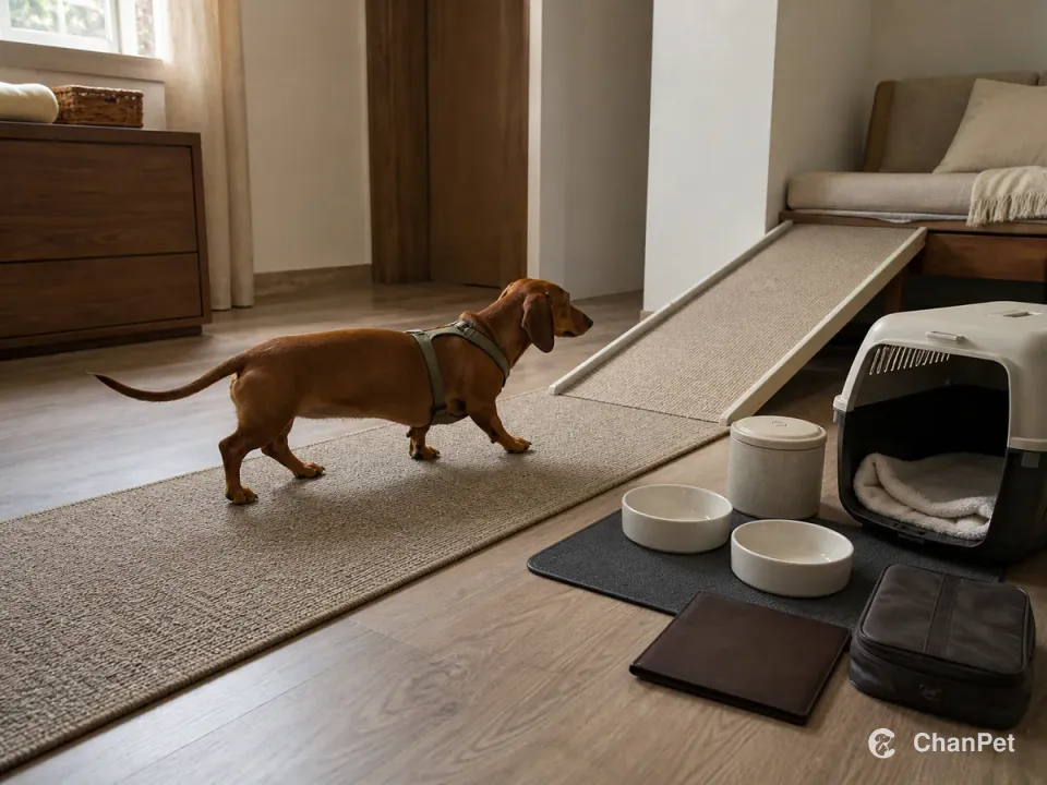 腊肠犬穿着合身胸背沿防滑垫走向低坡道，旁边备有食盆、运输箱和健康资料袋