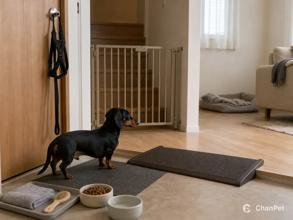 A black-and-tan Dachshund stands on an entry wipe mat as a low threshold ramp, stair gate, care tray, measured food, and floor bed form a daily care route