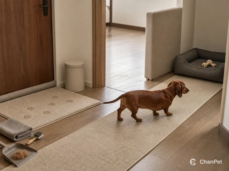 A Dachshund follows a nonslip runner from an entry cleanup mat toward a quiet bed, with a towel, brush, and collected fur by the door