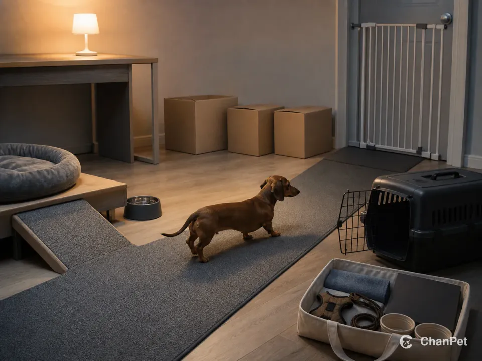 A Dachshund follows a low ramp and continuous nonslip runner toward the door beside an open carrier, backup care supplies, and plain moving boxes